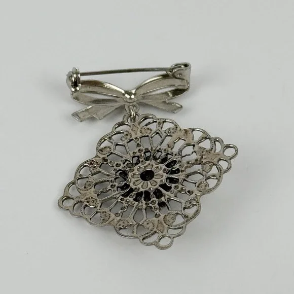 Vintage Silver Tone Bow Dangle Brooch Filigree Blue Cabochon Rhinestones - Picture 4 of 4